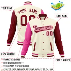 Cream Crimson-Pink Raglan Full-Snap Varsity Letterman Jacket 4