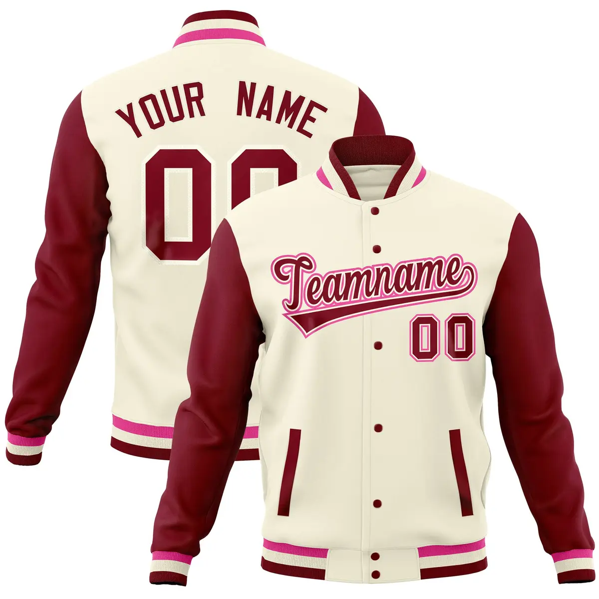 Cream Crimson Raglan Full-Snap Varsity Letterman Jacket