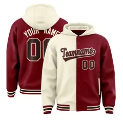Cream Crimson Split Two Tone Full-Snap Varsity Letterman Jacket Hoodie