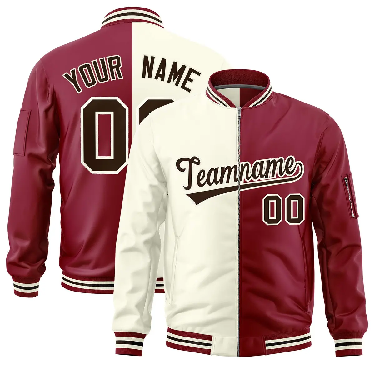 Cream Crimson Split Two Tone Full-Zip Varsity Letterman Bomber Jacket