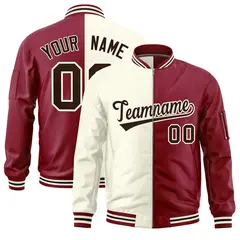 Cream Crimson Split Two Tone Full-Zip Varsity Letterman Bomber Jacket