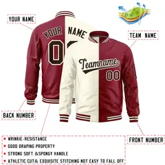 Cream Crimson Split Two Tone Full-Zip Varsity Letterman Bomber Jacket 2