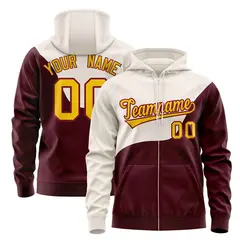 Cream Crimson Wave Color Block Varsity Full-Zip Letterman Jacket Hoodie