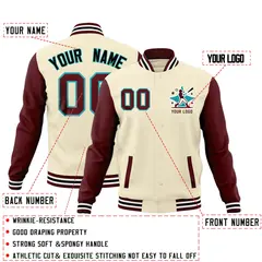 Cream Crimson White Raglan Sleeves Cotton Letterman Jacket 2