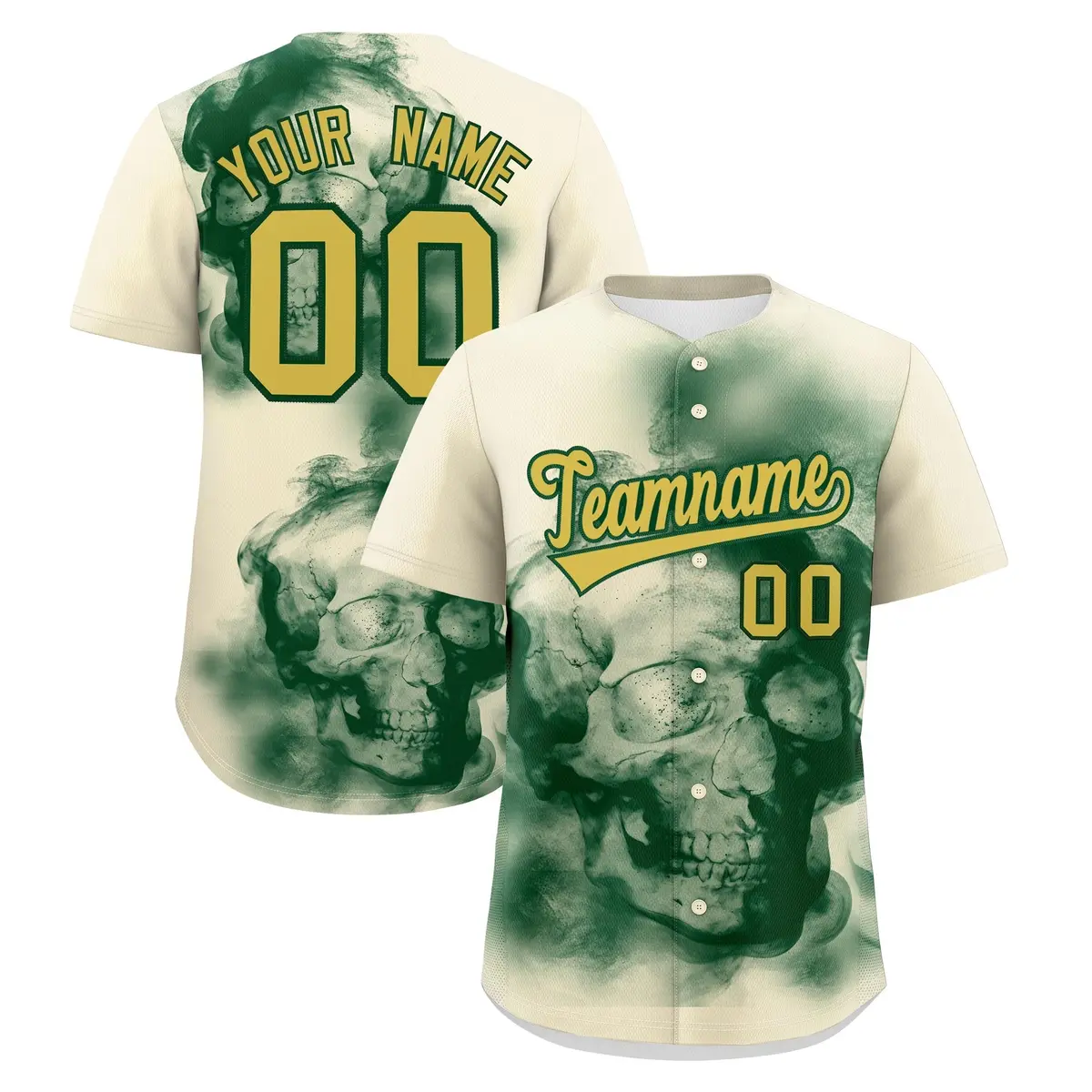 Cream Dark Green Old Gold Skeleton Graffiti Baseball Jersey