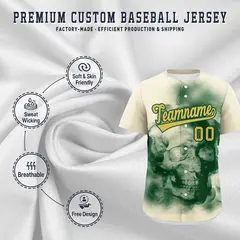 Cream Dark Green Old Gold Skeleton Graffiti Baseball Jersey 4