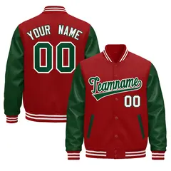Cream Dark Green Red Varsity Full-Snap Letterman Jacket Raglan Leather Sleeves 1