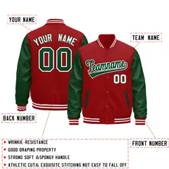 Cream Dark Green Red Varsity Full-Snap Letterman Jacket Raglan Leather Sleeves 3