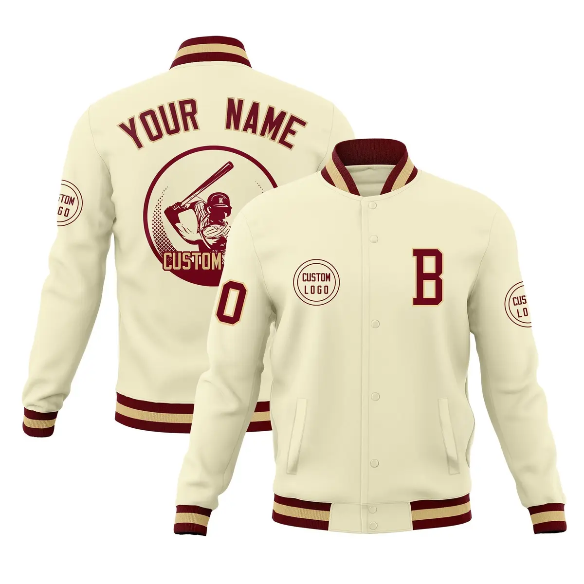 Cream Full-Snap Varsity Letterman Baseball Jacket