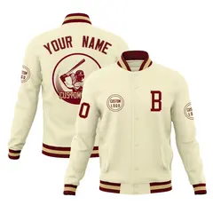 Cream Full-Snap Varsity Letterman Baseball Jacket