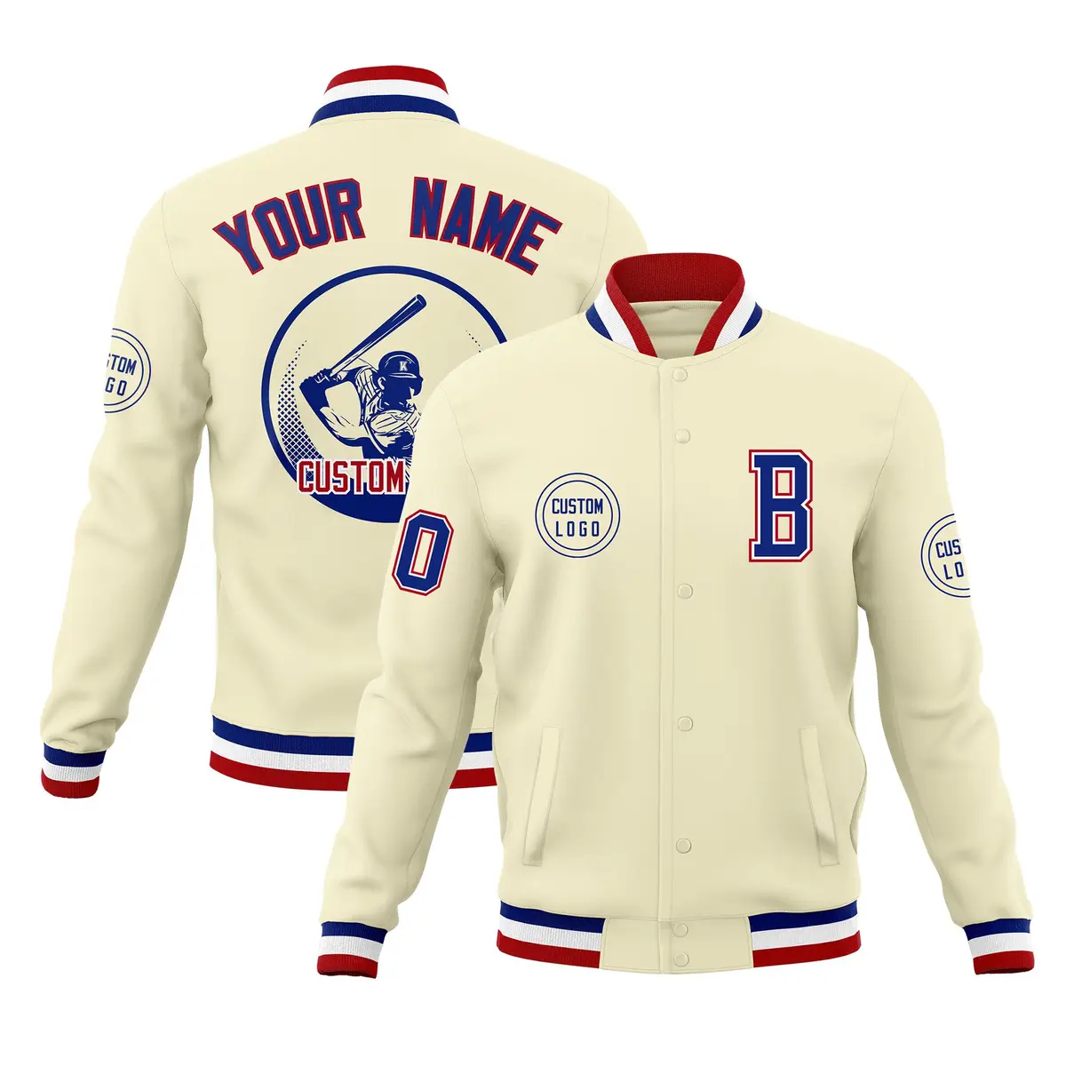 Cream Full-Snap Varsity Letterman Baseball Jacket