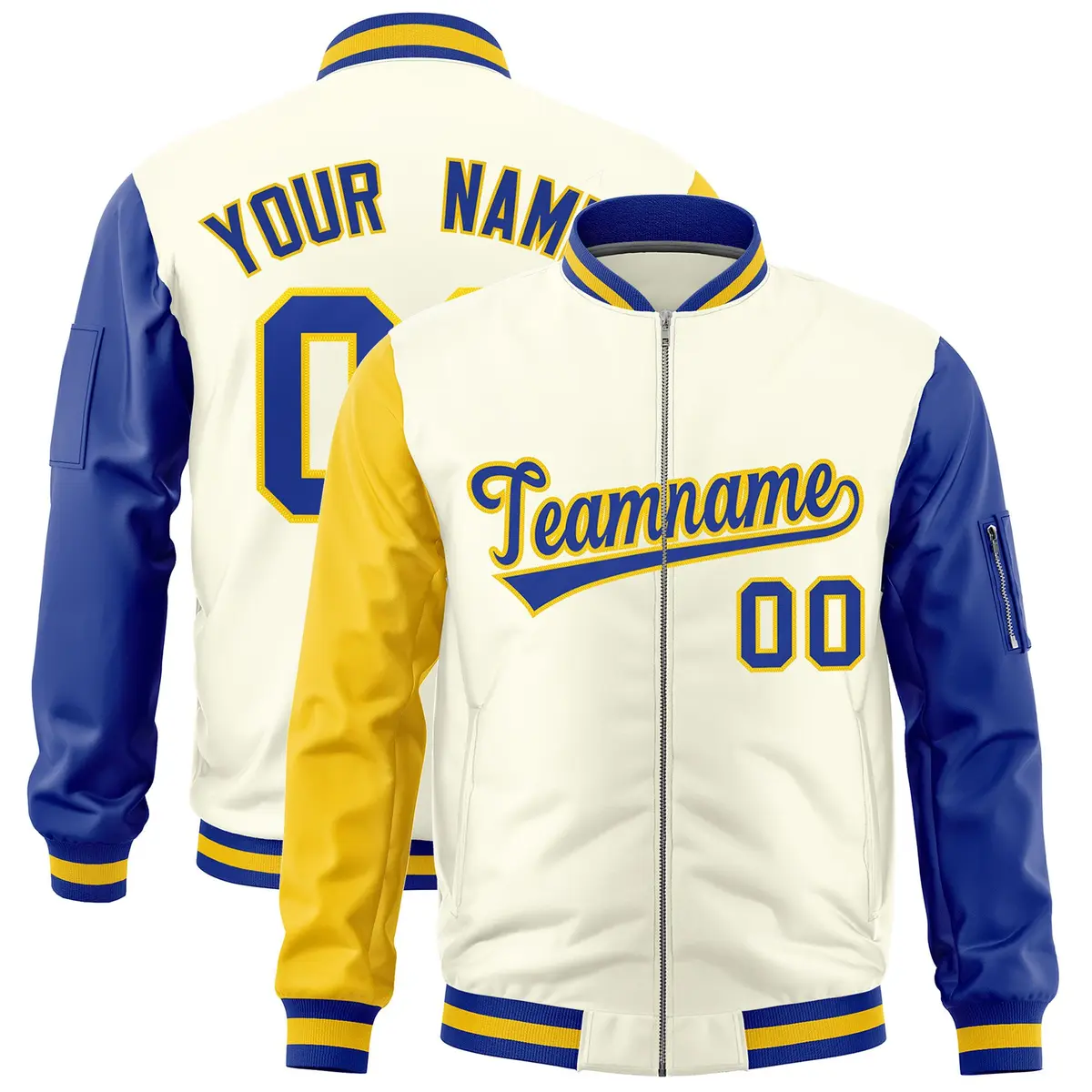 Cream Gold Royal Varsity Letterman Bomber Jacket Full-Zip Raglan Sleeves
