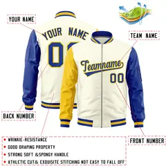 Cream Gold Royal Varsity Letterman Bomber Jacket Full-Zip Raglan Sleeves 2