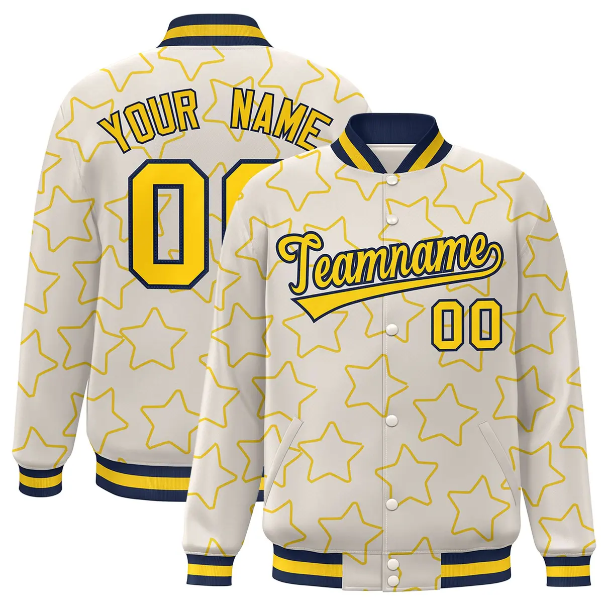 Cream Gold Star Pattern Varsity Letterman Baseball Jacket