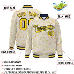 Cream Gold Star Pattern Varsity Letterman Baseball Jacket 2