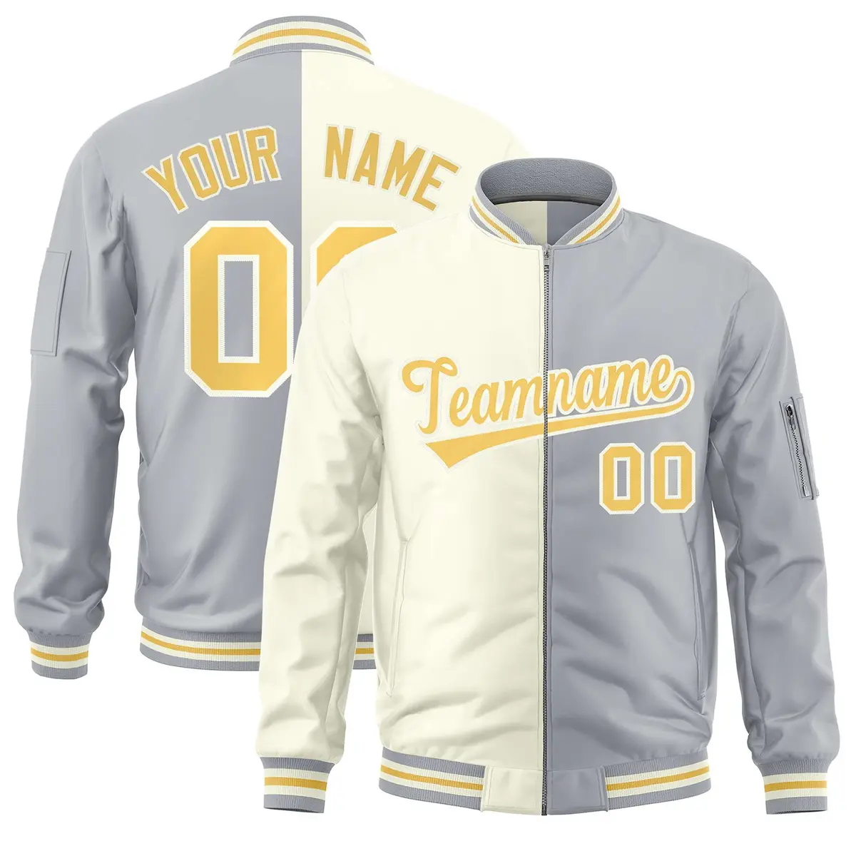 Cream Gray Split Two Tone Varsity Full-Zip Letterman Bomber Jacket