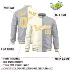 Cream Gray Split Two Tone Varsity Full-Zip Letterman Bomber Jacket 2