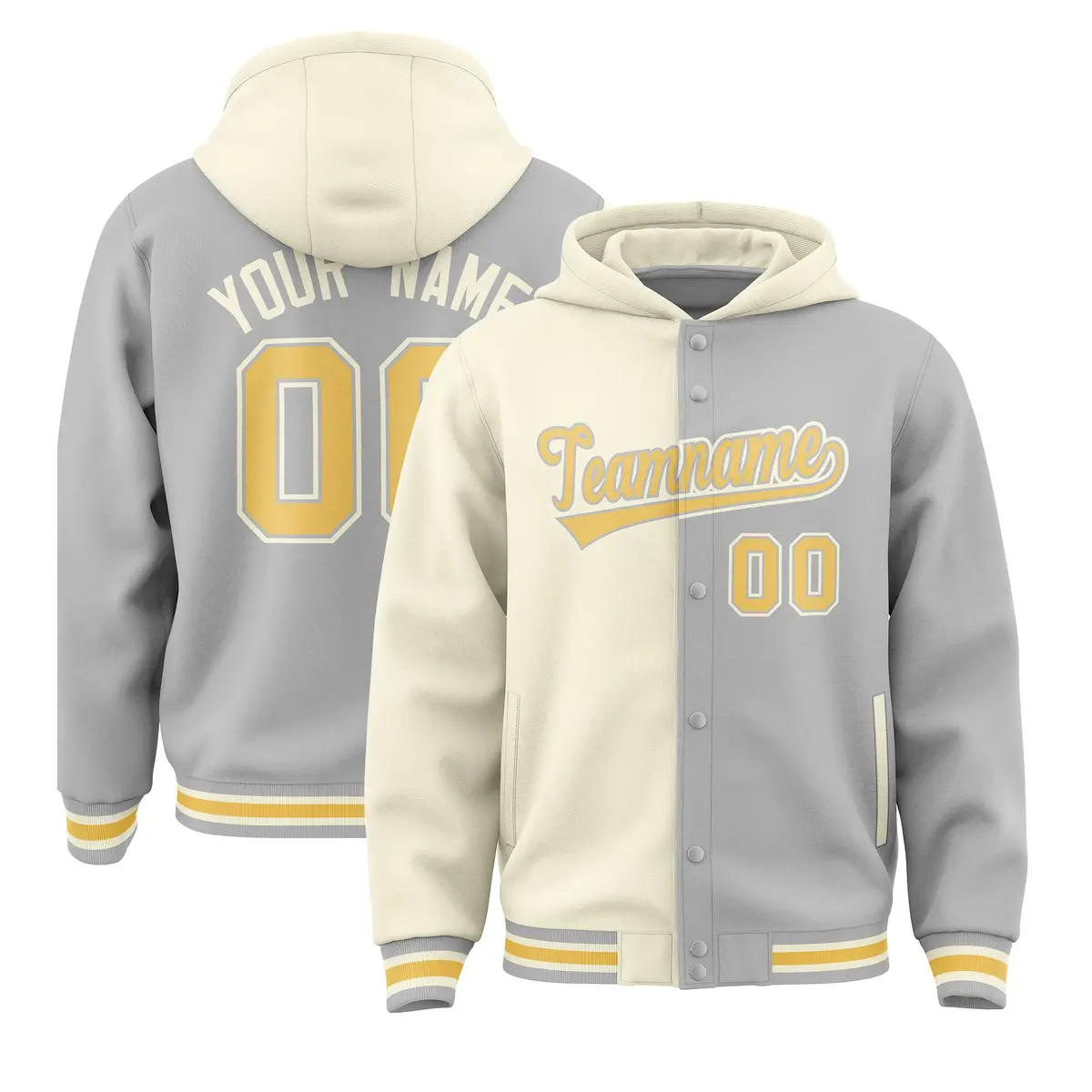 Cream Gray Two Tone Split Varsity Full-Snap Letterman Jacket Hoodie
