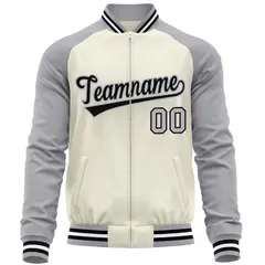 Cream Gray Varsity Full-Zip Raglan Letterman Baseball Jacket 5