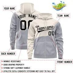 Cream Gray Wave Color Block Varsity Full-Zip Letterman Hoodie 4