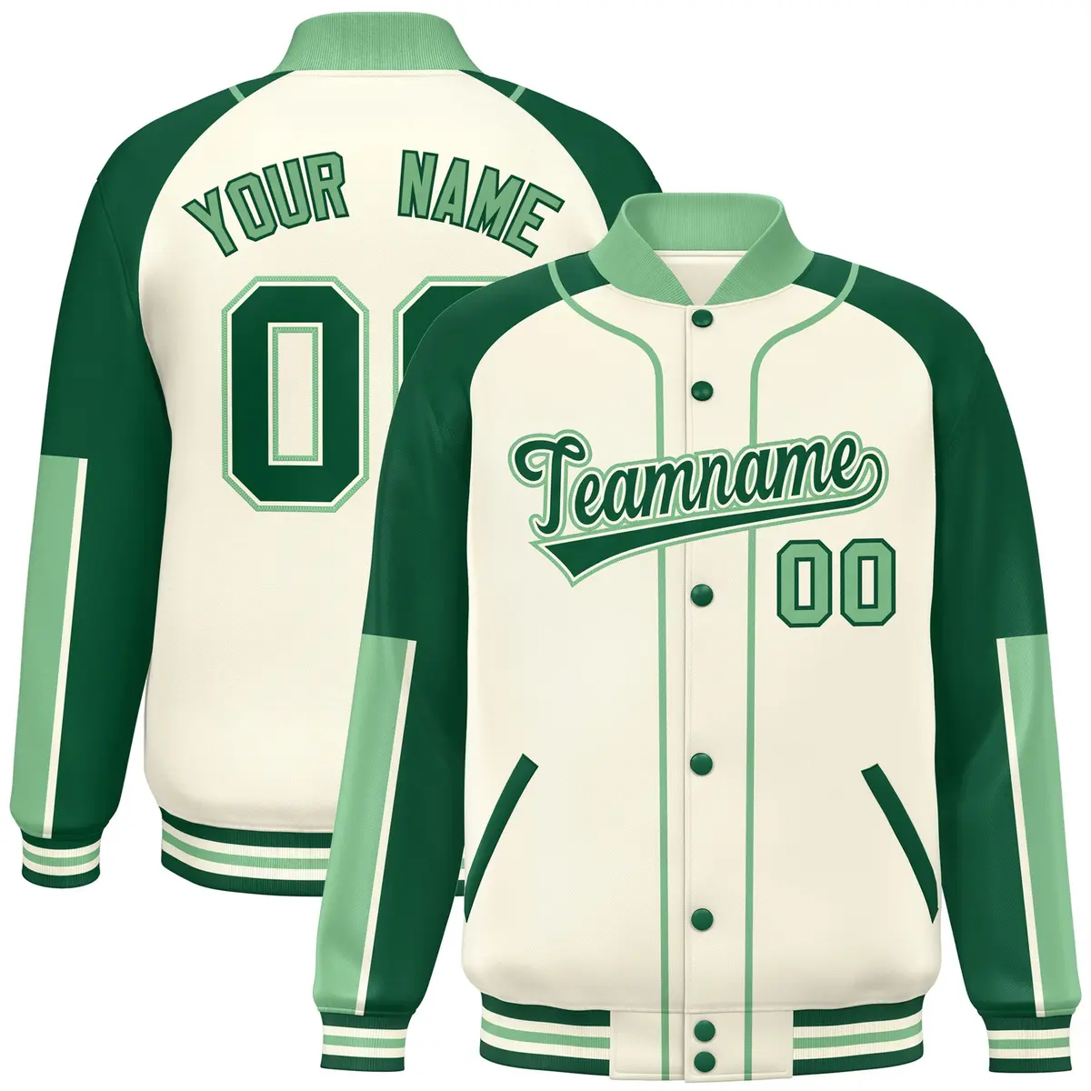 Cream Green-Green Raglan Full-Snap Letterman Baseball Jacket