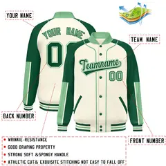 Cream Green-Green Raglan Full-Snap Letterman Baseball Jacket 2