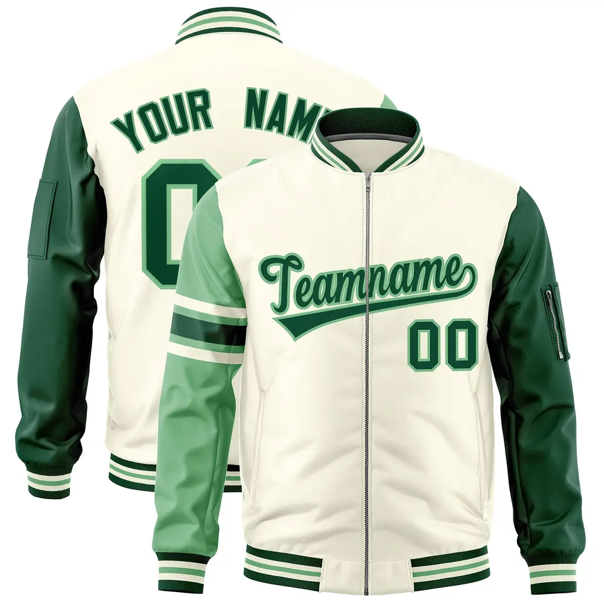 Cream Green-Light Green Stripe Varsity Letterman Bomber Jacket
