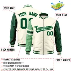 Cream Green-Light Green Stripe Varsity Letterman Bomber Jacket 2