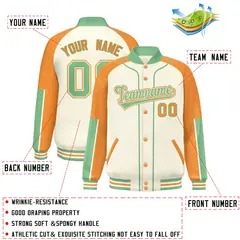 Cream Green Raglan Full-Snap Letterman Baseball Jacket 2
