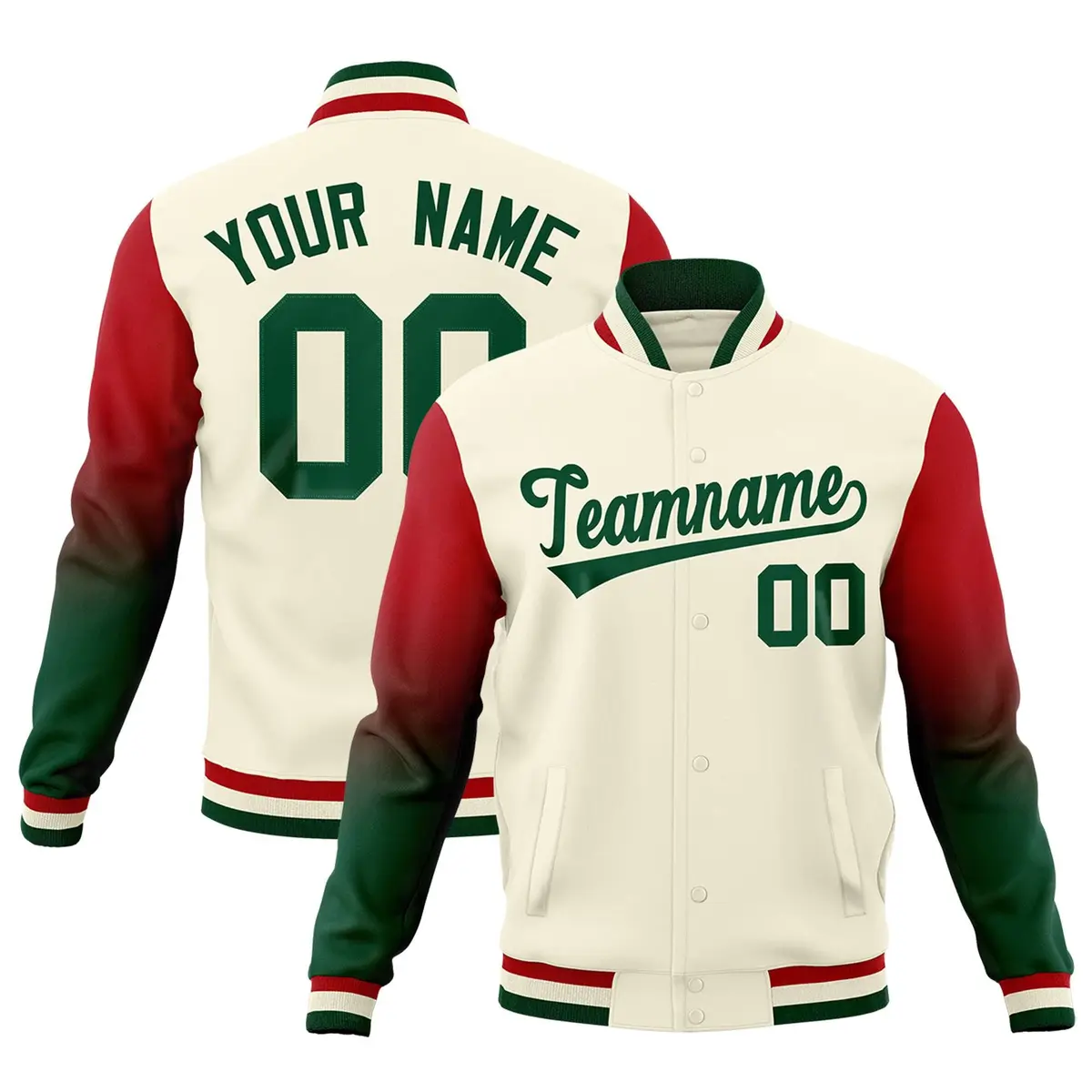 Cream Green Red Gradient Raglan Varsity Letterman Jacket
