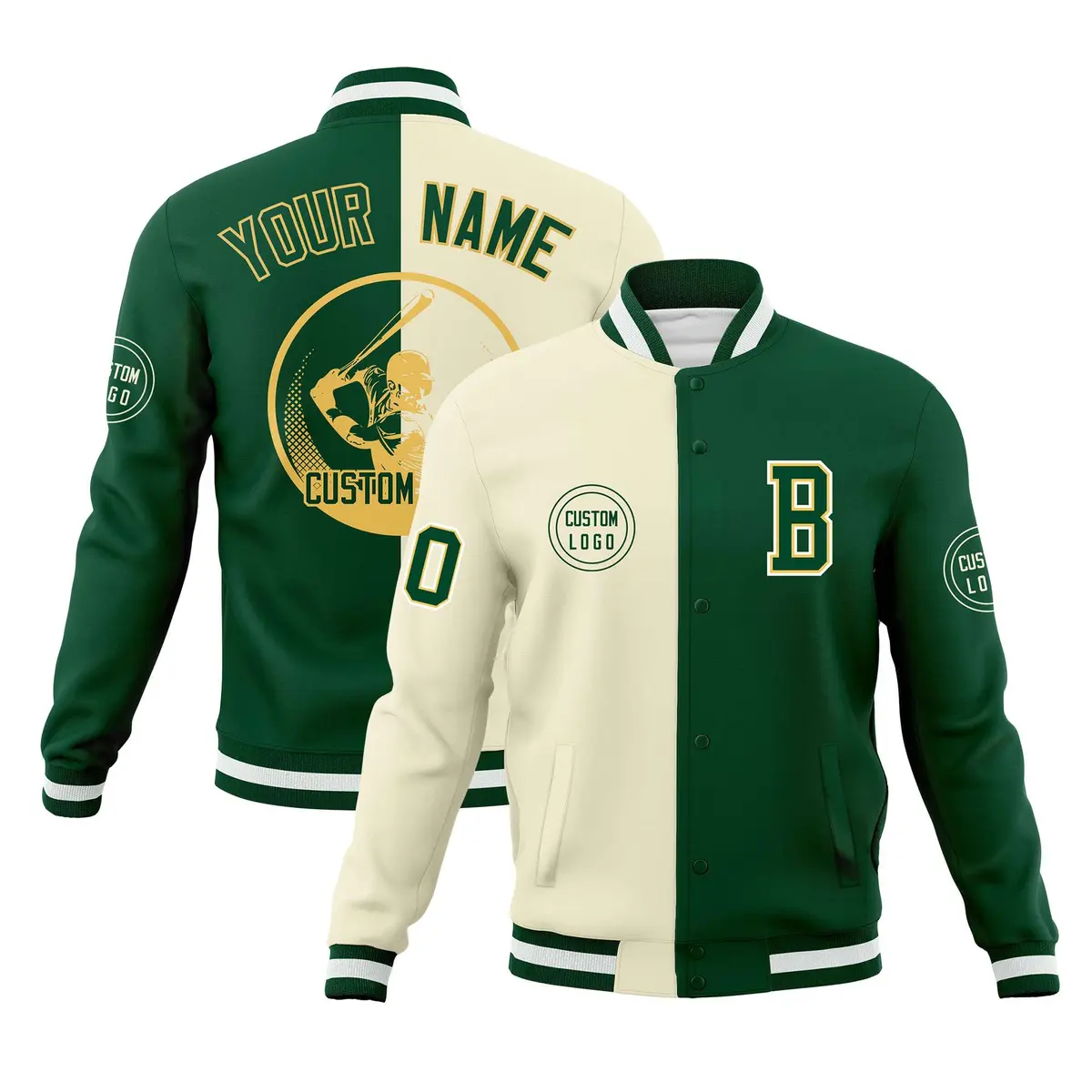 Cream Green Split Letterman Varsity Full-Snap Baseball Jacket