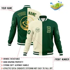 Cream Green Split Letterman Varsity Full-Snap Baseball Jacket 4