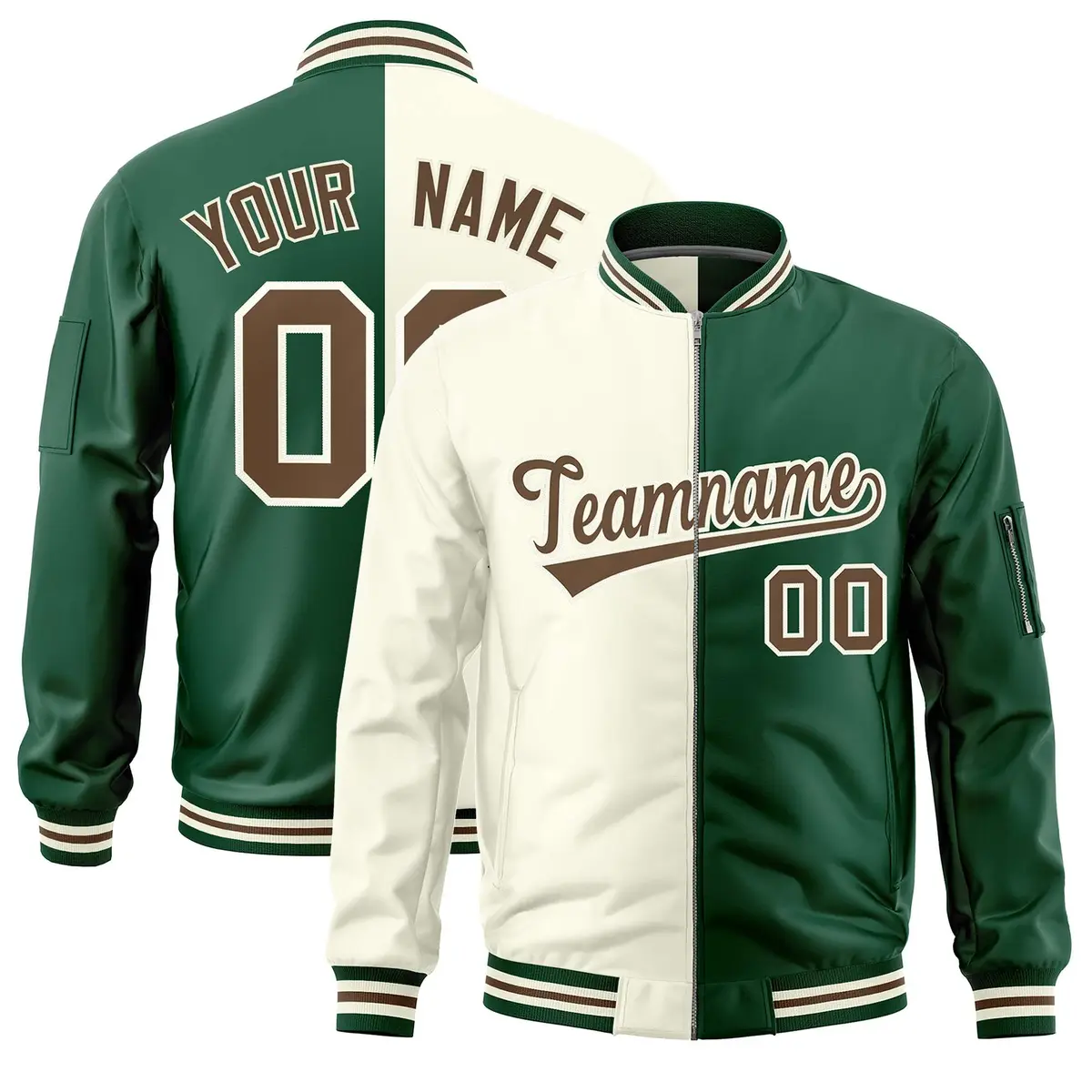 Cream Green Split Two Tone Varsity Full-Zip Letterman Bomber Jacket