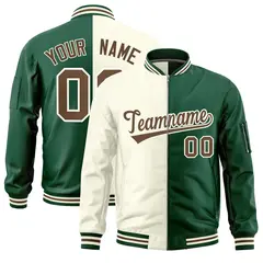 Cream Green Split Two Tone Varsity Full-Zip Letterman Bomber Jacket