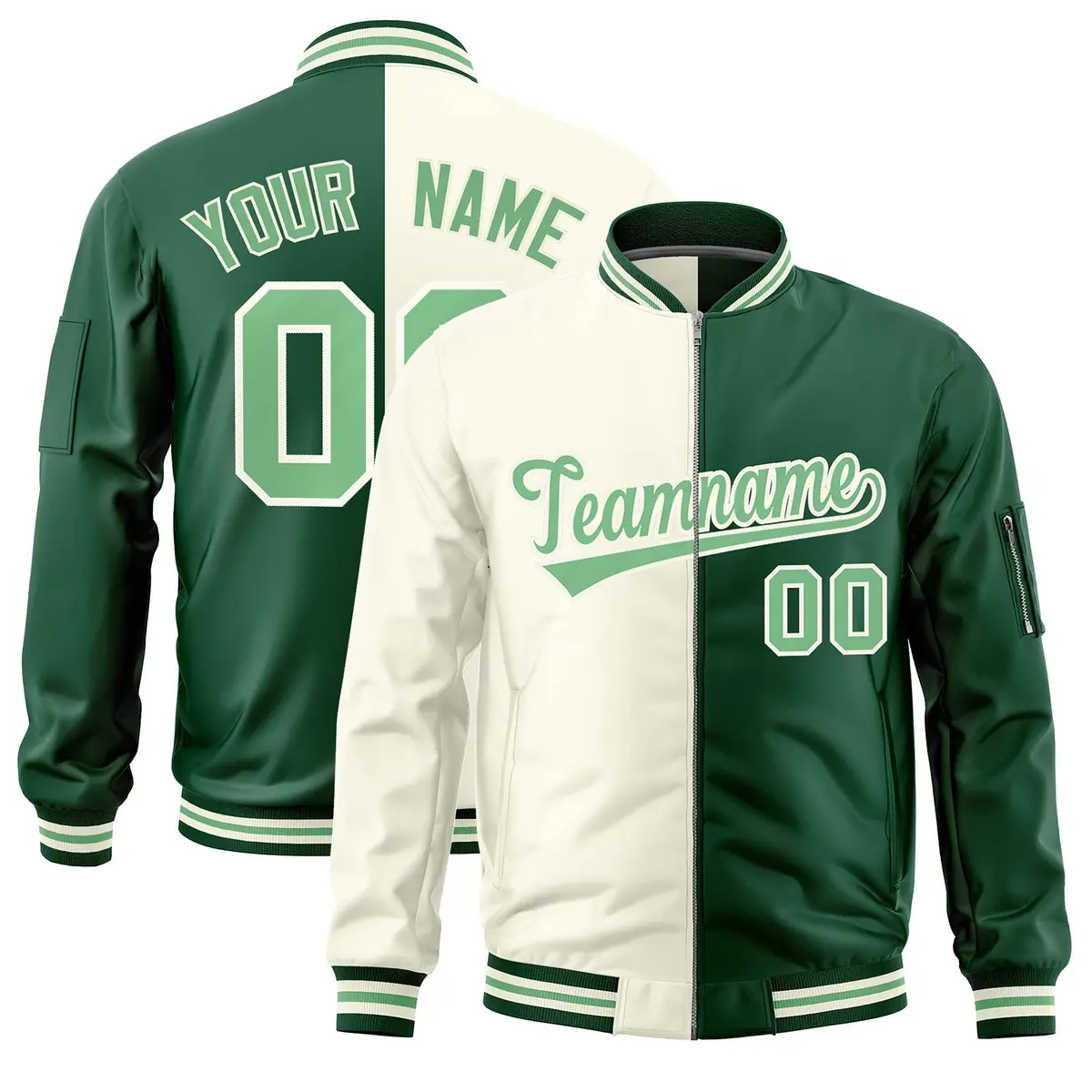 Cream Green Split Two Tone Varsity Full-Zip Letterman Bomber Jacket