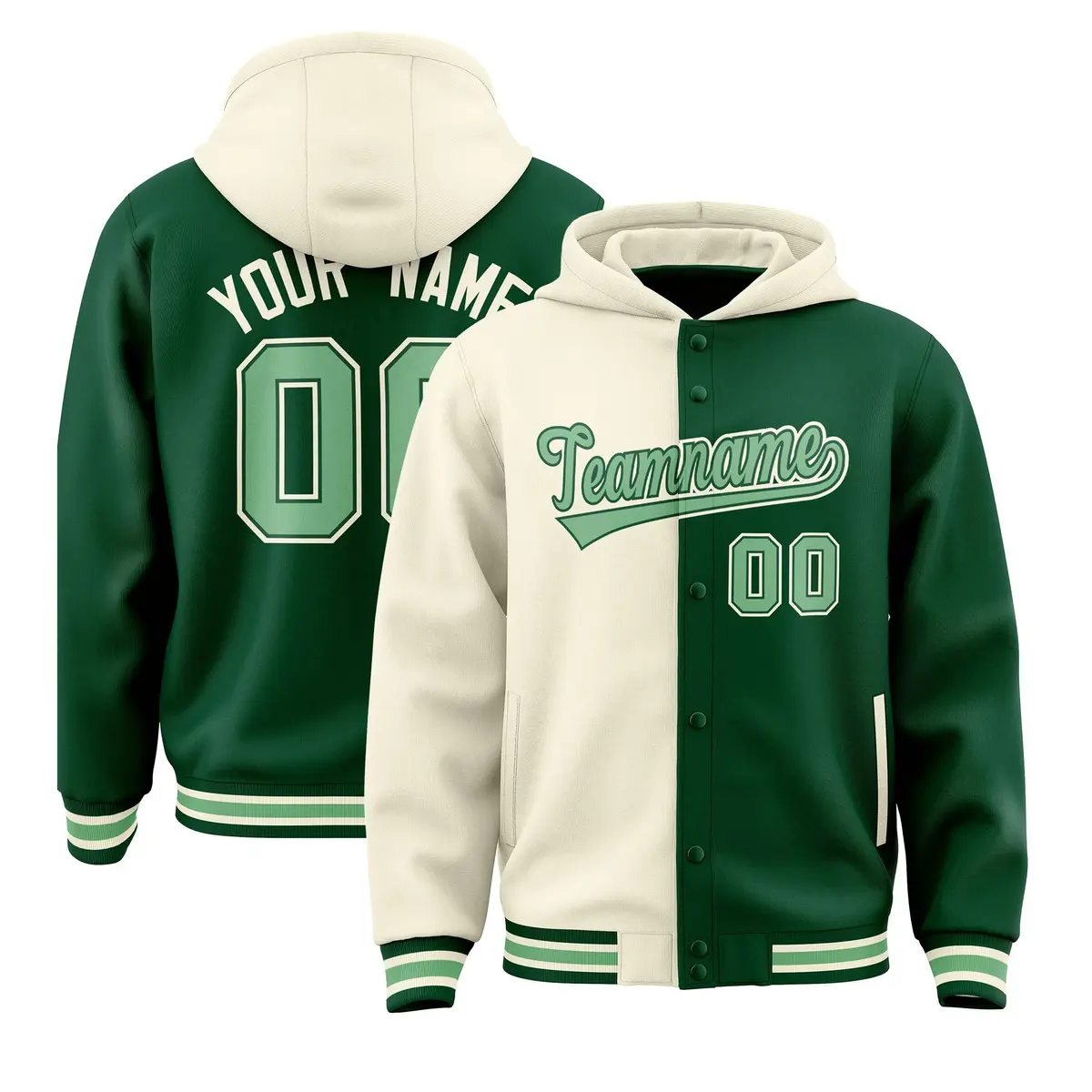 Cream Green Two Tone Split Varsity Letterman Hoodie Jacket