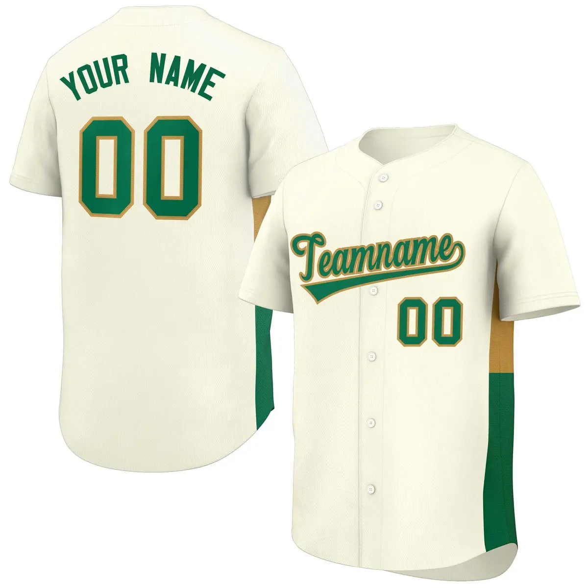 Cream Kelly Green-Old Gold Side Two-Tone Baseball Jersey