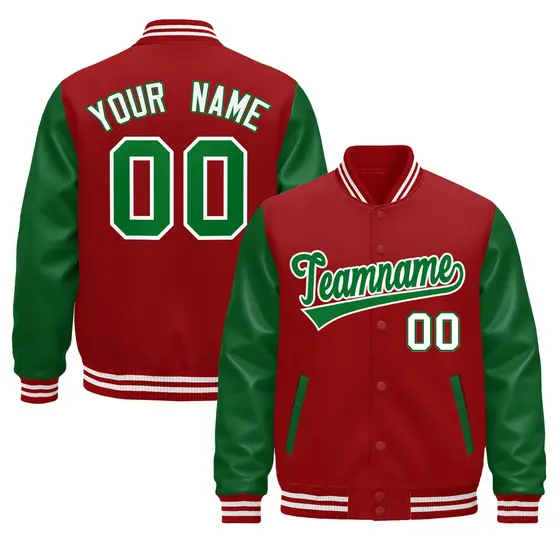 Cream Kelly Green Red Raglan Varsity Full-Snap Letterman Jacket