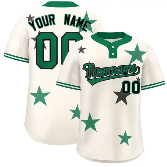 Cream Kelly Green Star Graffiti Two-Button Baseball Jersey