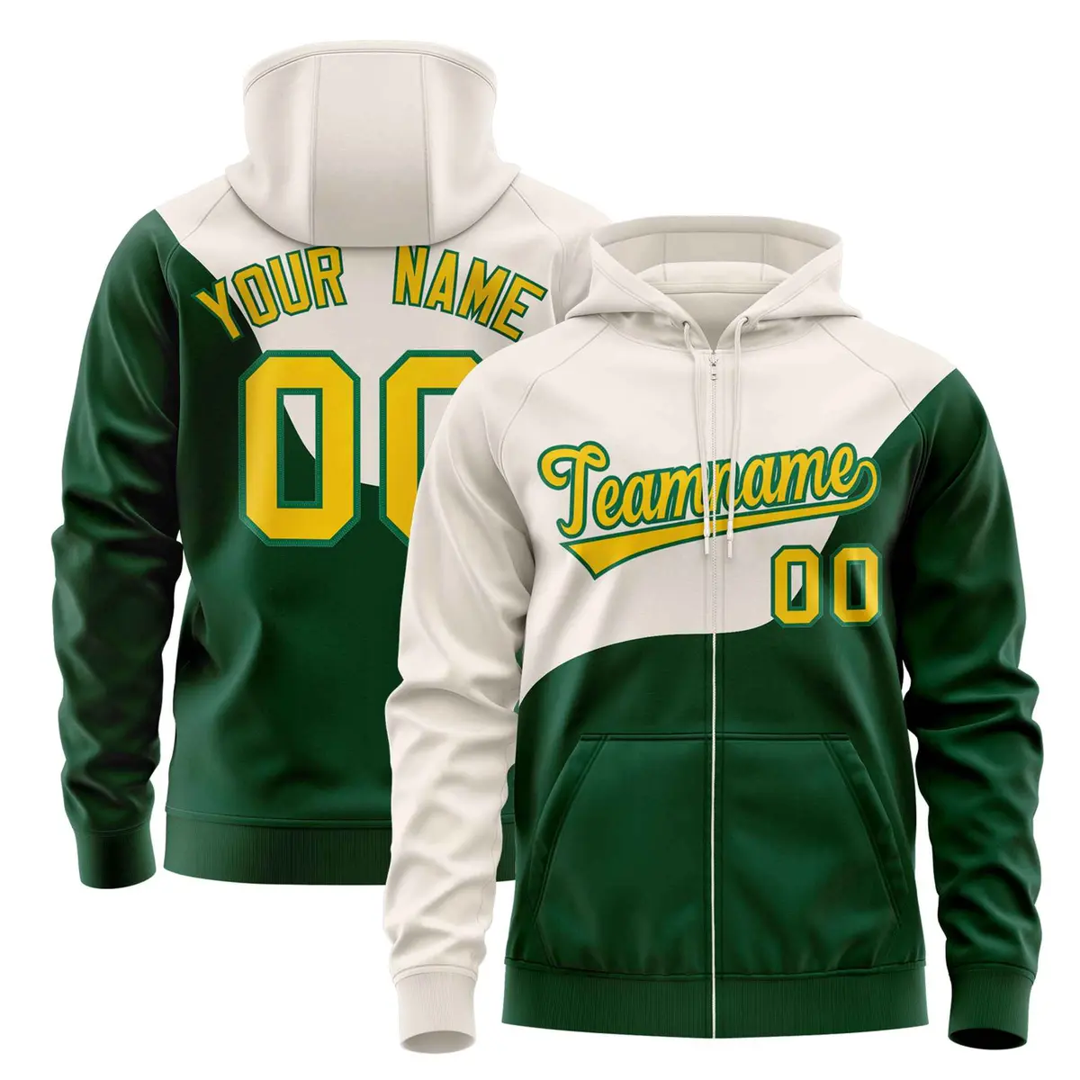 Cream Kelly Green Wave Color Block Varsity Full-Zip Letterman Jacket Hoodie