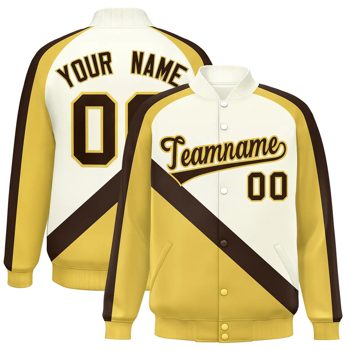 Cream Khaki Raglan Varsity Full-Snap Letterman Baseball Jacket
