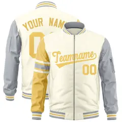 Cream Khaki-Silver Stripe Varsity Letterman Bomber Jacket