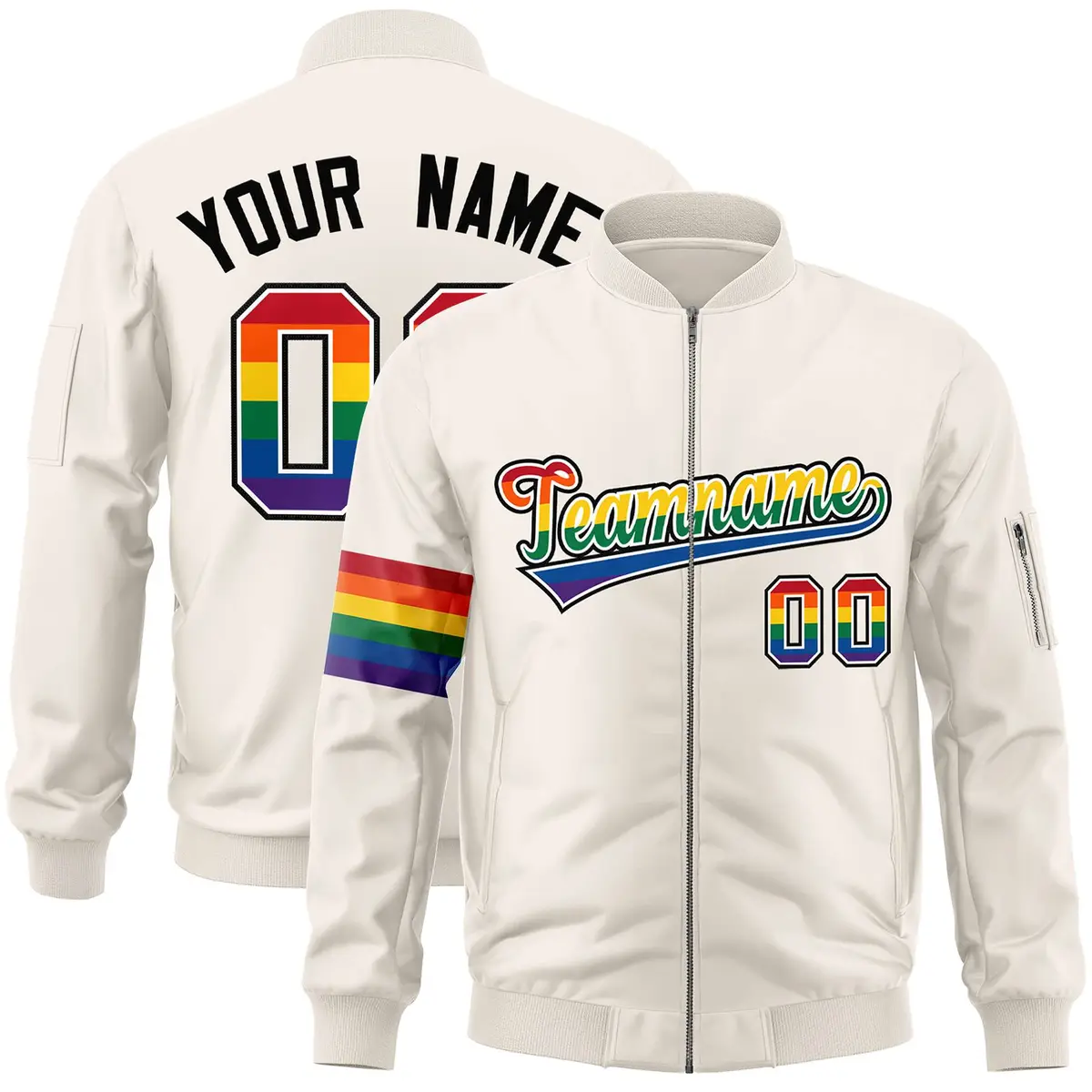 Cream LGBT Rainbow Pride Month Letterman Bomber Jacket