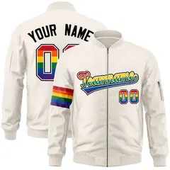 Cream LGBT Rainbow Pride Month Letterman Bomber Jacket