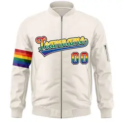 Cream LGBT Rainbow Pride Month Letterman Bomber Jacket 3