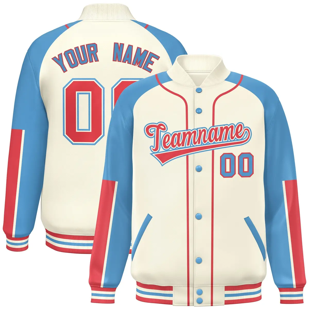 Cream Light Blue-Cream Raglan Full-Snap Letterman Baseball Jacket
