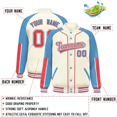 Cream Light Blue-Cream Raglan Full-Snap Letterman Baseball Jacket 2
