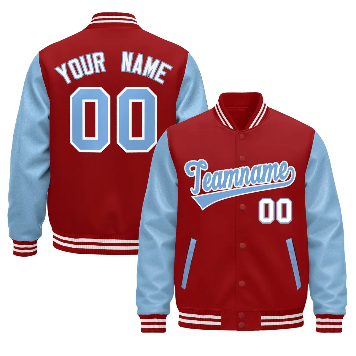 Cream Light Blue Red Raglan Varsity Full-Snap Letterman Jacket