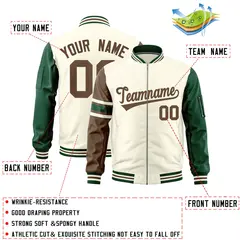 Cream Light Brown-Green Varsity Full-Zip Raglan Stripe Letterman Bomber Jacket 2