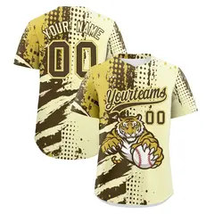Cream Light Brown Old Gold Full-Snap Tiger Graffiti Baseball Jersey 1